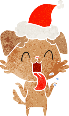 Bir insanın çizdiği Noel Baba şapkasını takan, nefes nefese kalmış, omuz silken bir köpeğin el çizimi karikatürü.