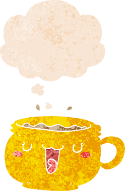 Hoş çizgi film kahve fincanı. Düşünce baloncuğu, grunge, sıkıntılı retro tarzı bir insan tarafından çizilmiş.