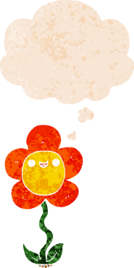 Düşünce baloncuğu ve grunge desenli karikatür çiçeği bir insan tarafından çizilmiş.