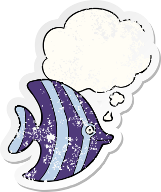 Düşünce baloncuğu olan karikatür melek balığı bir insan tarafından çizilmiş yıpranmış bir çıkartma.
