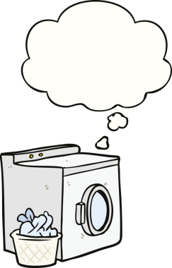 Bir insan tarafından çizilmiş düşünce baloncuklu çamaşır makinesi.