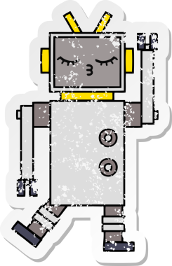 Bir insan tarafından çizilmiş sevimli bir robot çizgi film çıkartması.