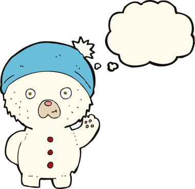 Bir insan tarafından çizilmiş düşünce baloncuğuyla kış şapkalı kutup ayısı sallayan çizgi film.