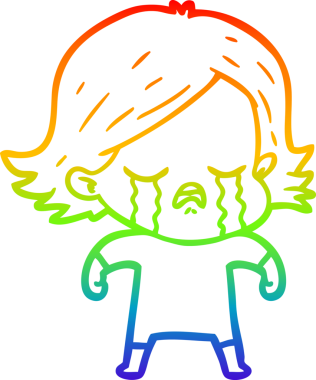 Gökkuşağı gradyan çizimi bir insan tarafından çizilmiş ağlayan bir çizgi kız çizimi