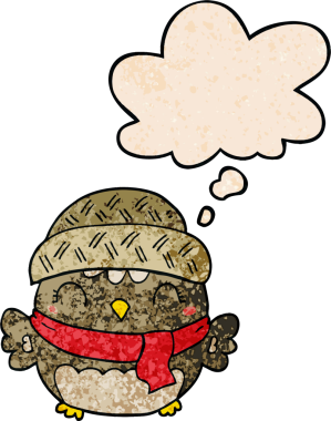 Bir insan tarafından çizilmiş grunge desenli düşünce baloncuğu olan şapkalı sevimli çizgi film baykuşu.