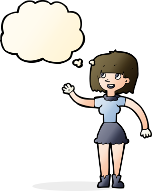 Bir insan tarafından çizilmiş düşünce baloncuğuyla el sallayan çizgi film kızı.