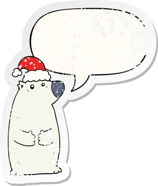 Karikatür ayısı Noel şapkası takıyor ve konuşma baloncuğu takıyor. Bir insan tarafından çizilmiş sıkıntılı eski bir çıkartma.