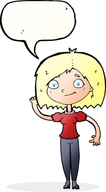 Bir insan tarafından çizilmiş bir konuşma balonuyla el sallayan çizgi film kadını.