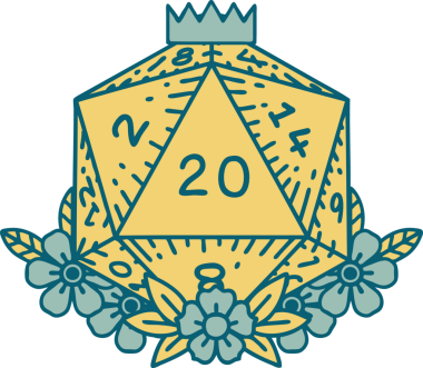 Retro Dövme Biçimi Doğal 20 D20 zar bir insan tarafından çizilmiş çiçek elementleriyle