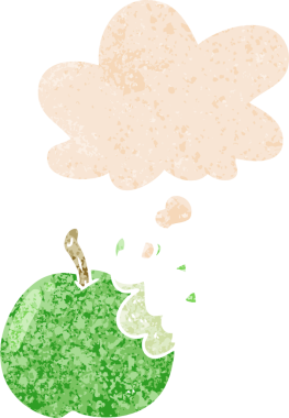 Karikatür elmayı ısırır ve grunge içinde düşünce baloncuğu olan bir insan tarafından çizilmiş dertli retro desenli