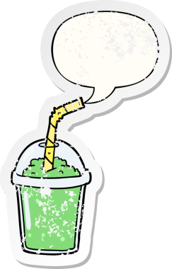Karikatür buzlu smoothie konuşma baloncuğu bir insan tarafından çizilmiş sıkıntılı eski bir çıkartma