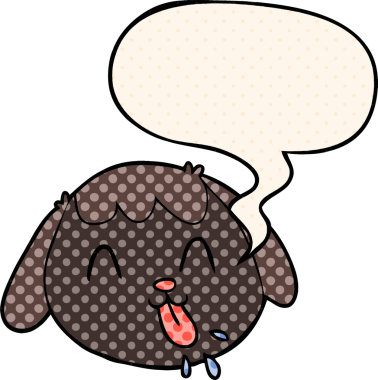 Bir insan tarafından çizilmiş çizgi roman tarzında konuşma baloncuğu olan çizgi köpek yüzü.