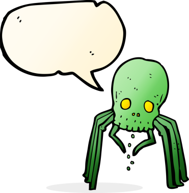 Bir insan tarafından çizilmiş konuşma baloncuğu olan ürkütücü kafatası örümceği.