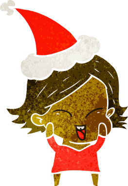 Bir insan tarafından çizilmiş Noel Baba şapkası takan bir kızın mutlu el çizimi karikatürü.