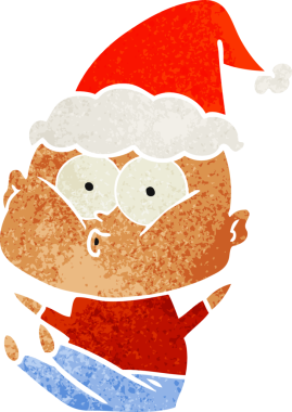 Bir insan tarafından çizilmiş Noel Baba şapkası giymiş kel bir adamın el çizimi karikatürü.