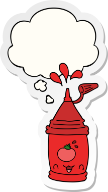 Düşünce baloncuklu ketçap şişesi insan tarafından çizilmiş bir çıkartma.