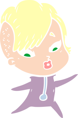 Düz renkli çizgi film, bilim kurgu kıyafetleriyle bir insan tarafından çizilmiş kızı şaşırttı.