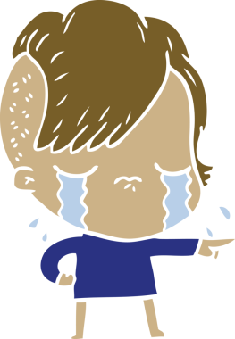 Düz renkli çizgi film karakteri bir insan tarafından çizilmiş ağlayan kız.