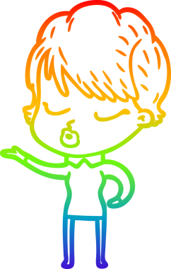 Gökkuşağı gradyan çizgi çizimi bir insan tarafından çizilmiş gözleri olan bir karikatür kadın