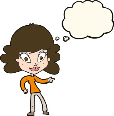 Bir insan tarafından çizilmiş düşünce balonuyla işaret eden çizgi film kadını.