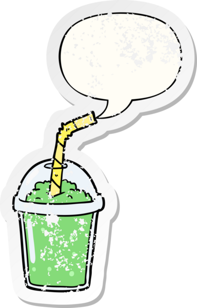 Karikatür buzlu smoothie konuşma baloncuğu bir insan tarafından çizilmiş sıkıntılı eski bir çıkartma