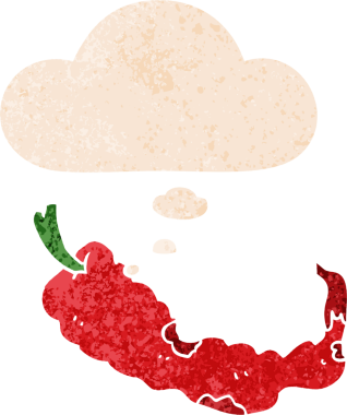 Düşünce baloncuklu çizgi film kırmızı biber grunge sıkıntılı retro desen tarzı bir insan tarafından çizilmiş