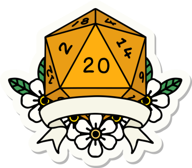 Bir insan tarafından çizilmiş 20 kritik vuruşluk D20 zar etiketi.