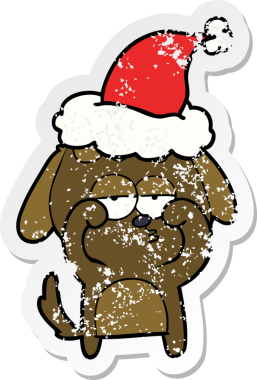 Bir insan tarafından çizilmiş Noel Baba şapkası takan yorgun bir köpeğin el yazısı.