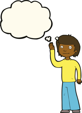 Bir insan tarafından çizilmiş düşünce baloncuğuyla el sallayan çizgi film dostu çocuk.