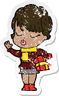 Bir insan tarafından çizilmiş gözleri olan karikatürlü bir kadının sıkıntılı çıkartması.