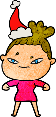 Bir insan tarafından çizilmiş Noel Baba şapkası giyen bir kadının el çizimi karikatürü.