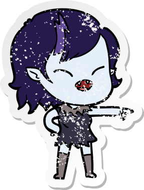 Bir insan tarafından çizilmiş, gülen ve işaret eden vampir bir kızın sıkıntılı çıkartması.