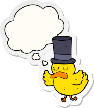 Düşünce baloncuklu silindir şapka takan çizgi film ördeği insan tarafından çizilmiş bir çıkartma.