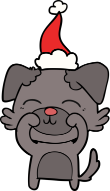 Bir insan tarafından çizilmiş Noel Baba şapkası takan bir köpeğin el çizimi.