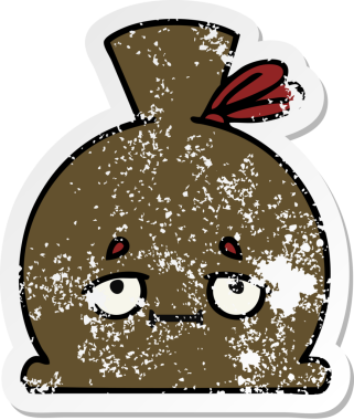 Bir insan tarafından çizilmiş şirin bir karikatür çuvalının sıkıntılı çıkartması.