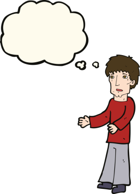 Bir insan tarafından çizilen düşünce baloncuğuyla açıklama yapan çizgi film adamı.