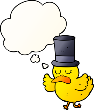 Düşünce baloncuklu silindir şapkalı çizgi film ördeği bir insan tarafından çizilmiş.