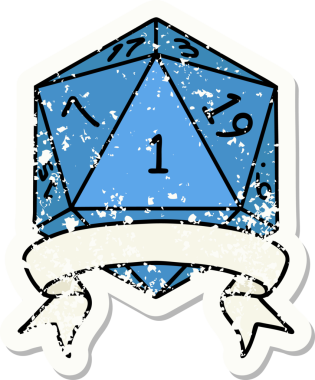 Bir insan tarafından çizilmiş doğal bir d20 zarının grunge çıkartması.