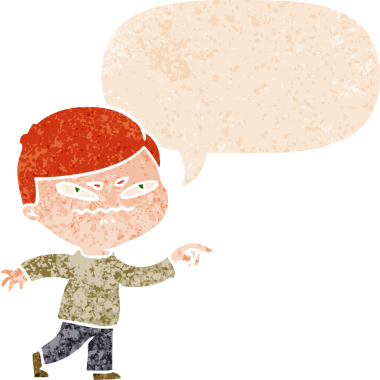 çizgi film kızgın adam grunge sıkıntı retro stil bir insan tarafından çizilmiş konuşma balonu ile işaret