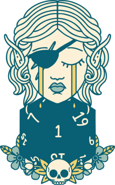 Retro Dövme Tarzı Ağlayan Elf düzenbaz karakter yüzü ve bir insan tarafından çizilmiş doğal bir D20 rulo