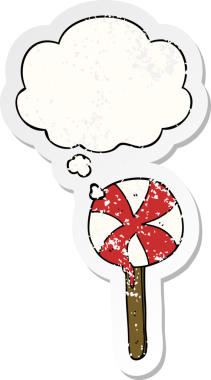 Düşünce baloncuklu çizgi film lolipopu insan tarafından çizilmiş yıpranmış bir çıkartma.