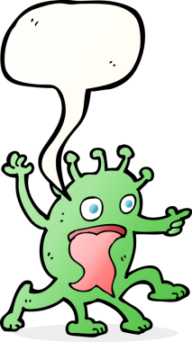 Bir insan tarafından çizilmiş garip, konuşma balonu olan küçük bir uzaylı çizgi filmi.