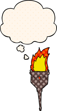 Çizgi roman tarzında bir insan tarafından çizilmiş düşünce baloncuklu alevli kadeh.