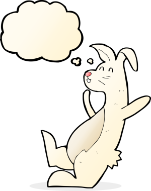 Bir insan tarafından çizilmiş düşünce baloncuklu beyaz tavşan.