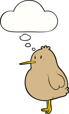 Bir insan tarafından çizilmiş düşünce baloncuklu kivi kuşu.