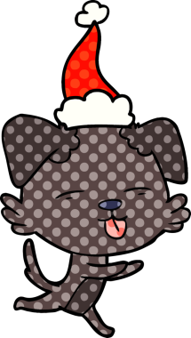 Bir insan tarafından çizilmiş Noel Baba şapkası takan bir köpeğin el çizimi çizgi roman tasviri.