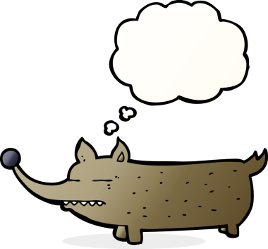 Bir insan tarafından çizilmiş düşünce baloncuğu olan komik bir köpek.