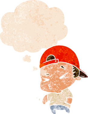 Düşünce baloncuklu karikatür havalı çocuk grunge sıkıntılı retro desen bir insan tarafından çizilmiş