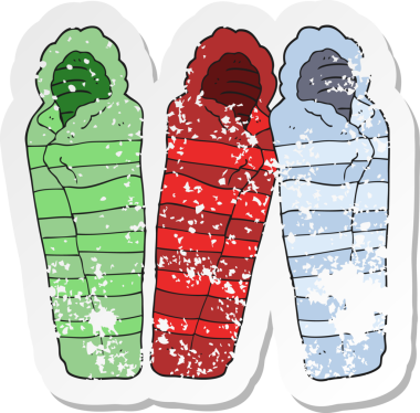 Bir insanın çizdiği uyku tulumunun gerilimli retro çıkartması.