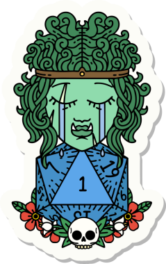 Hüzünlü bir ork barbar karakterinin çıkartması. Doğal bir d20 ruloyla bir insan tarafından çizilmiş.